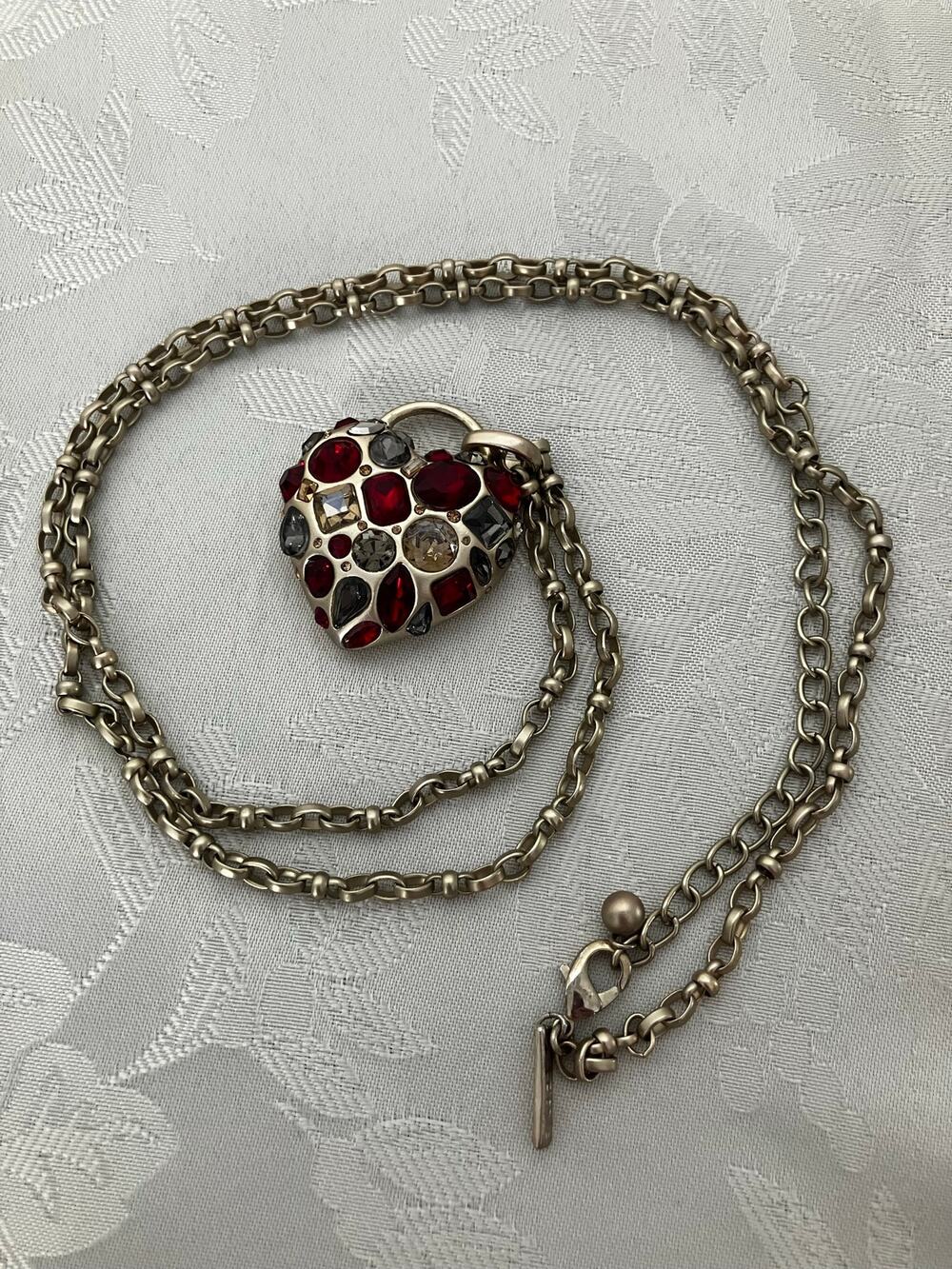 White House Black Market Crystal Heart Necklace Red Gray Rhinestones 19" Drop